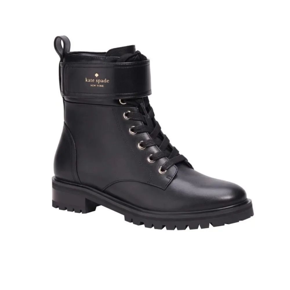 Kate Spade York Joplin Black Leather Lace Up Combat Lug Sole Boots $328
